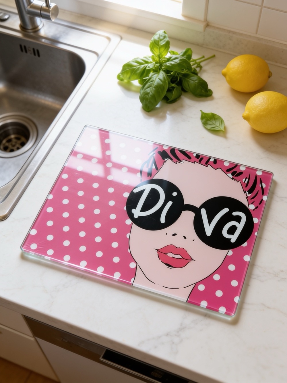 Cutting Board True Living Essentials glass DIVA serving tray pink white dots